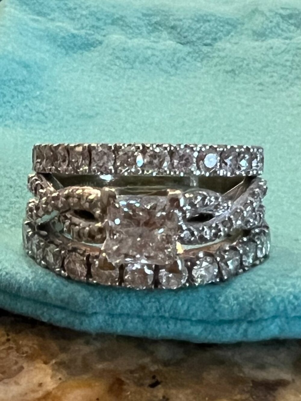 3-piece White Gold and Genuine Diamonds Engagement Ring and Two Wedding Band Set